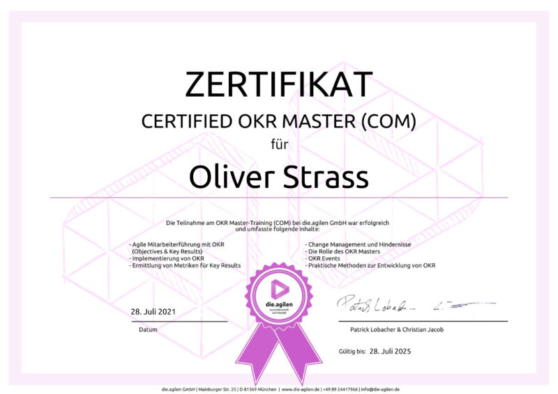 Das Bild zeigt ein Zertifikat von Oliver Strass im Fachgebiet Interim Management.