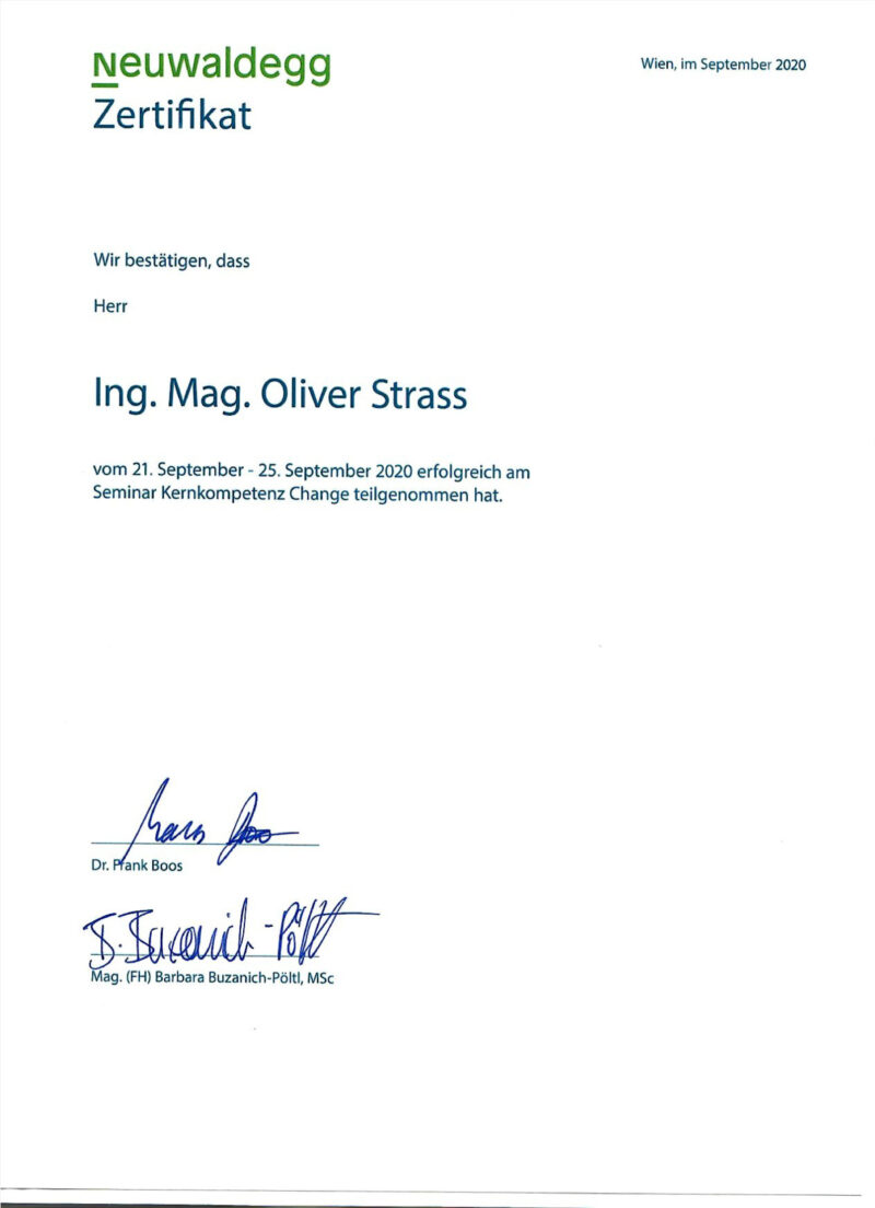 Das Bild zeigt ein Neuwaldegg-Zertifikat von Oliver Strass im Fachgebiet Interim Management.
